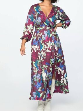 Eloquii Printed Faux Wrap Maxi Dress Size 22 Purple Hummingbird Floral Party